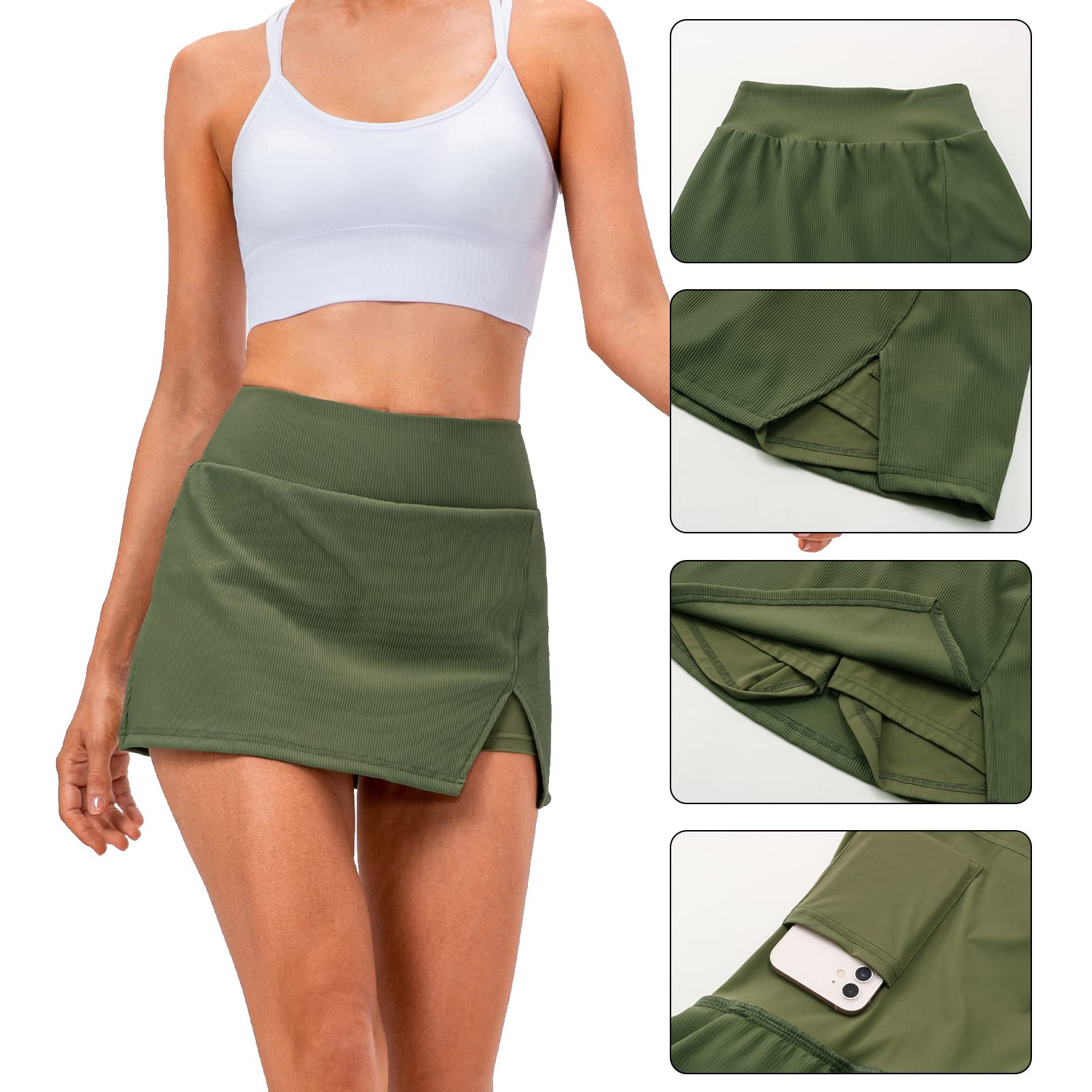 Women's Ribbed Team Sport Skirts with Shorts Pockets Plain Mini Slit Skort Skirts School Girl Y2K Tennis Golf Built-in Shorts Skirts Dress Green