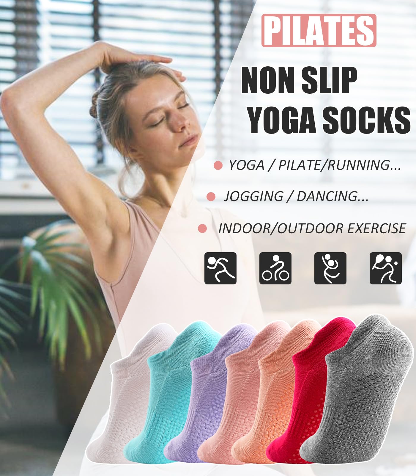 Breslatte Grip Socks Pilates Hospital Socks with Grips for Women Gripper Socks Non Slip Socks 3pair black pink grey, One Size