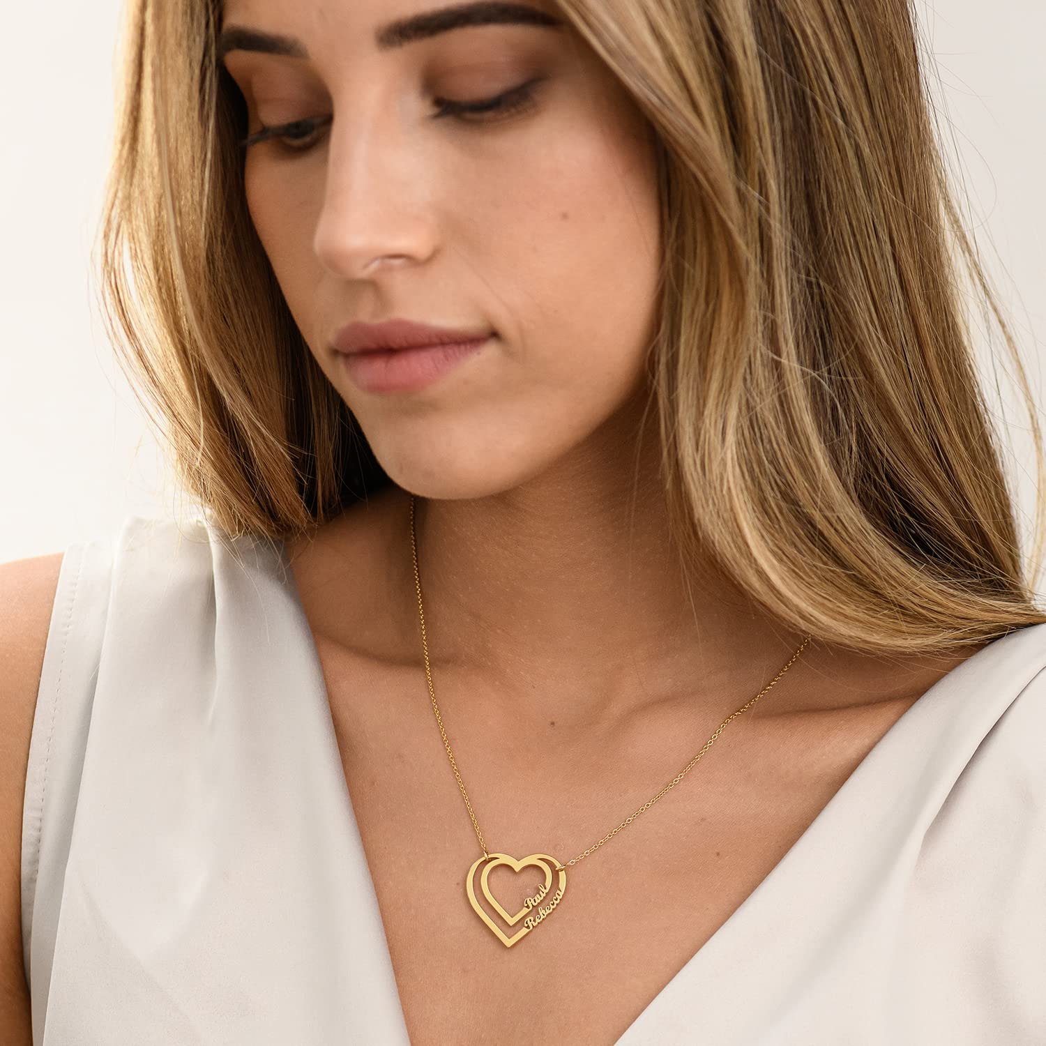 MYKA - Personalized Heart Necklace with 2 Names - 925 Sterling Silver / 18K Gold Plated - Custom Gift for Woman, Her - for Woman's Day, Birthday (18K Gold Vermeil)