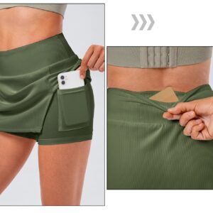 Women's Ribbed Team Sport Skirts with Shorts Pockets Plain Mini Slit Skort Skirts School Girl Y2K Tennis Golf Built-in Shorts Skirts Dress Green