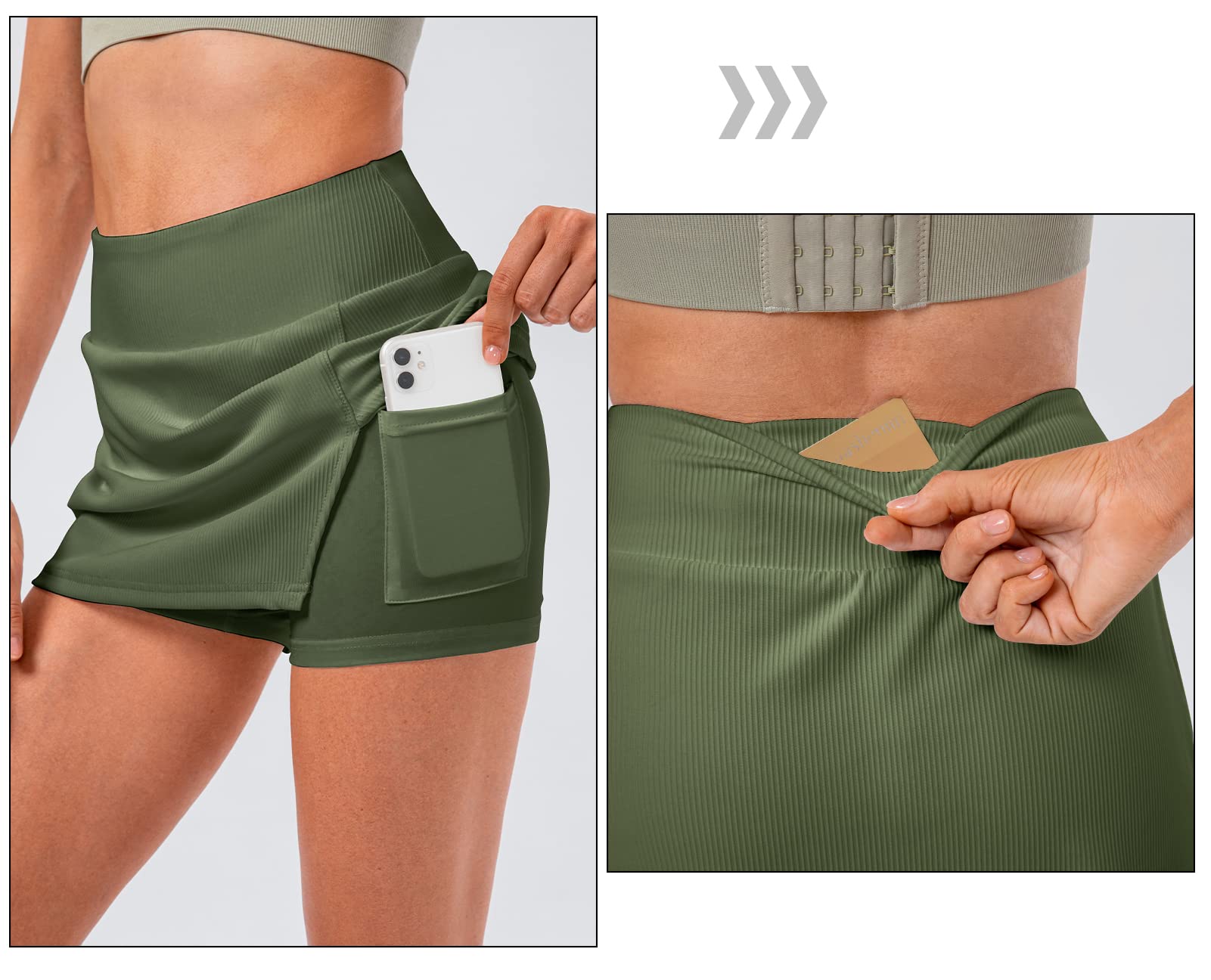 Women's Ribbed Team Sport Skirts with Shorts Pockets Plain Mini Slit Skort Skirts School Girl Y2K Tennis Golf Built-in Shorts Skirts Dress Green