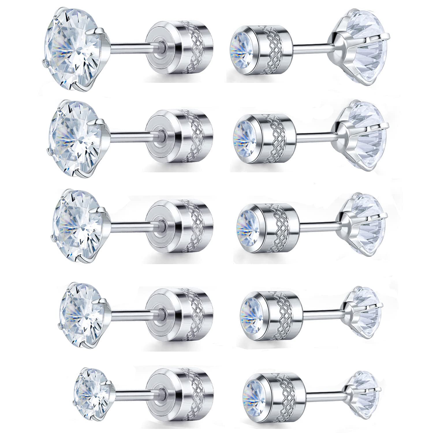 Titanium Screw Back Pack of Earrings Cubic Zirconia CZ Studs for Women Men 20G Helix Piercing Post 316L Surgical Stainless Steel Hypoallergenic for Sensitive Ears Simulated Diamond Set