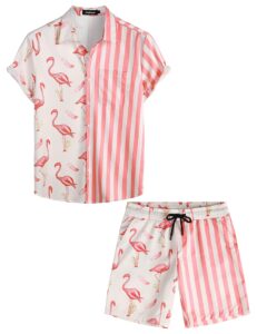 vatpave mens flamingo hawaiian sets casual short sleeve button down shirts beach outfits large pink flamingo shirt and shorts