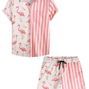 VATPAVE Mens Flamingo Hawaiian Sets Casual Short Sleeve Button Down Shirts Beach Outfits Large Pink Flamingo Shirt and Shorts