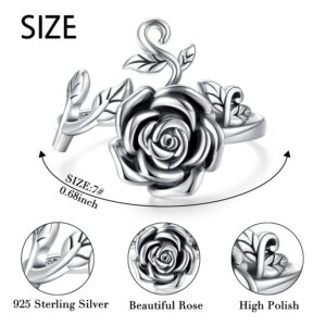 HOOHWE S925 Sterling Silver Flower Rings Rose Flower Open Ring 3D Rose Shape Adjustable Ring Jewelry for Women Teen (Adjustable)