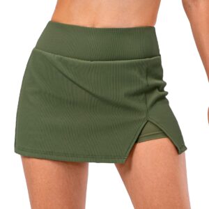 Women's Ribbed Team Sport Skirts with Shorts Pockets Plain Mini Slit Skort Skirts School Girl Y2K Tennis Golf Built-in Shorts Skirts Dress Green