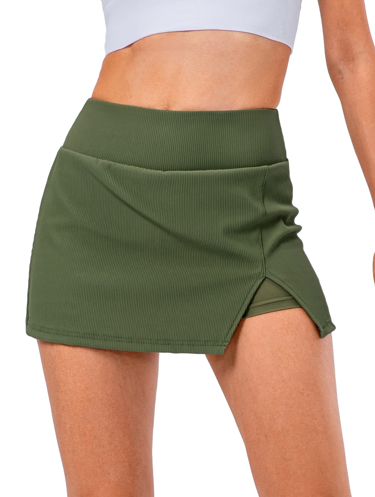 Women's Ribbed Team Sport Skirts with Shorts Pockets Plain Mini Slit Skort Skirts School Girl Y2K Tennis Golf Built-in Shorts Skirts Dress Green