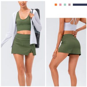 Women's Ribbed Team Sport Skirts with Shorts Pockets Plain Mini Slit Skort Skirts School Girl Y2K Tennis Golf Built-in Shorts Skirts Dress Green