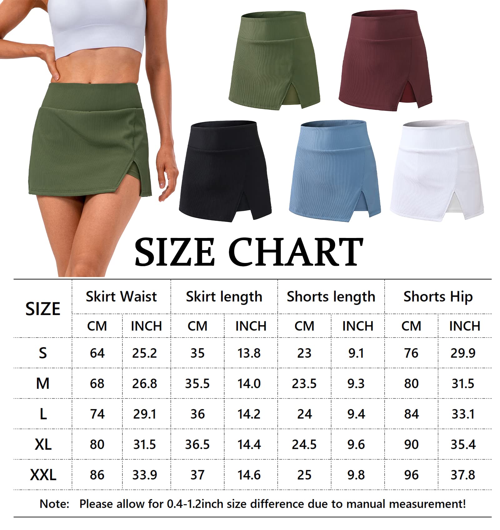 Women's Ribbed Team Sport Skirts with Shorts Pockets Plain Mini Slit Skort Skirts School Girl Y2K Tennis Golf Built-in Shorts Skirts Dress Green