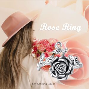 HOOHWE S925 Sterling Silver Flower Rings Rose Flower Open Ring 3D Rose Shape Adjustable Ring Jewelry for Women Teen (Adjustable)