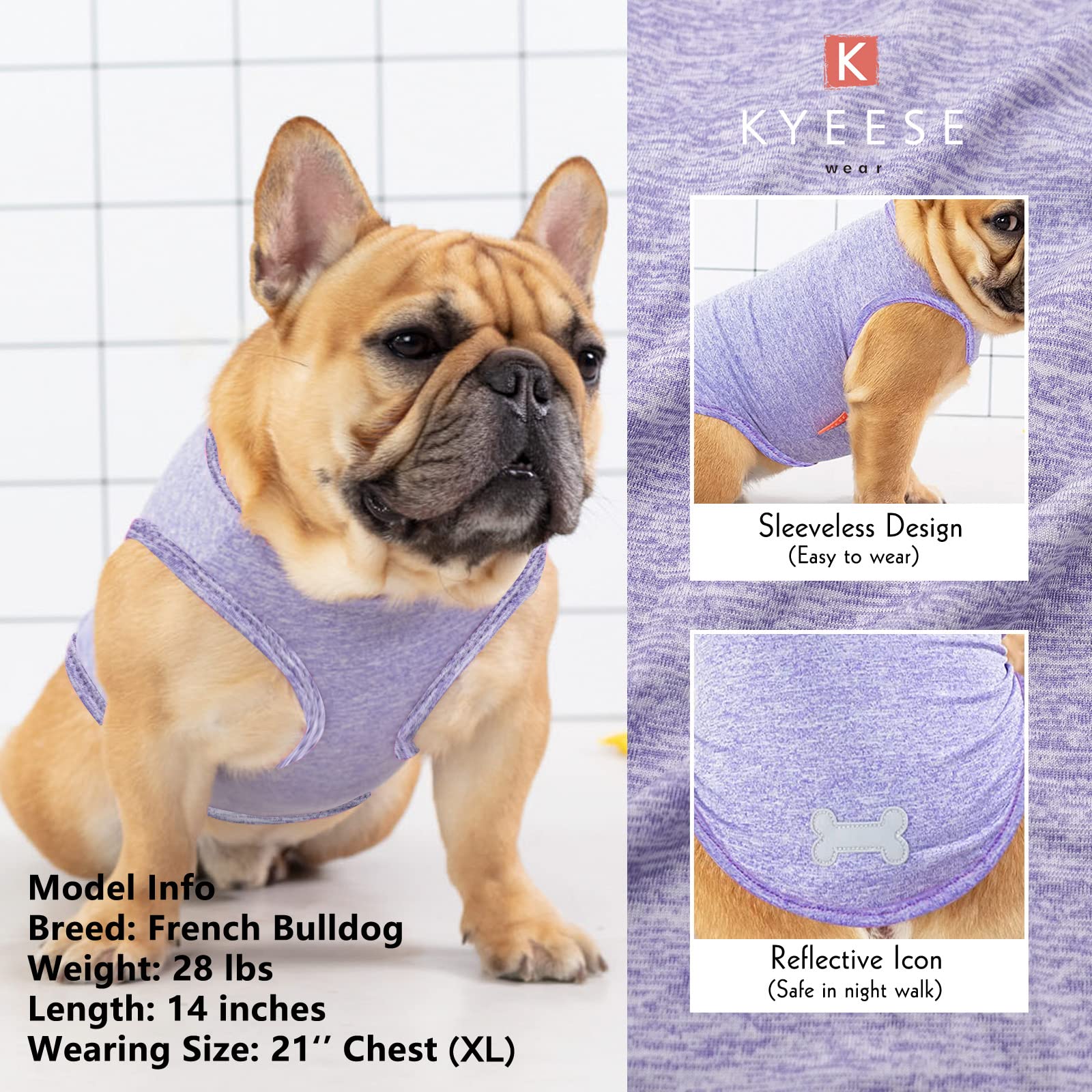 KYEESE 2 Pack Dog Shirts Quick Dry Soft Stretchy Sun Protection Dog T-Shirts with Reflective Label Tank Top Sleeveless Vest Dog Clothes for Small Medium Dogs, Large, Purple+Pink