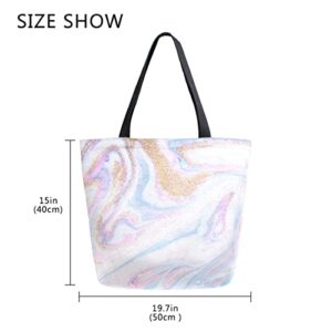 ALAZA Pink Purple & Gold Marble Large Canvas Tote Bag Shopping Shoulder Handbag with Small Zippered Pocket