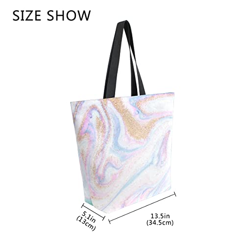 ALAZA Pink Purple & Gold Marble Large Canvas Tote Bag Shopping Shoulder Handbag with Small Zippered Pocket