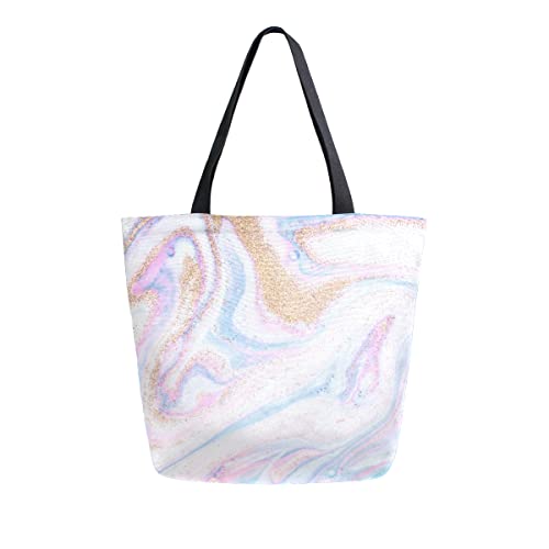 ALAZA Pink Purple & Gold Marble Large Canvas Tote Bag Shopping Shoulder Handbag with Small Zippered Pocket