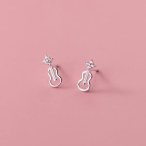 Cute CZ Hollow Violin Tiny Small Stud Earrings for Women Teen Girls Cartilage Tragus Sensitive Ear S925 Sterling Silver Mini Piercing Post Personalized Fashion Jewelry Hypoallergenic Minimalist Gifts