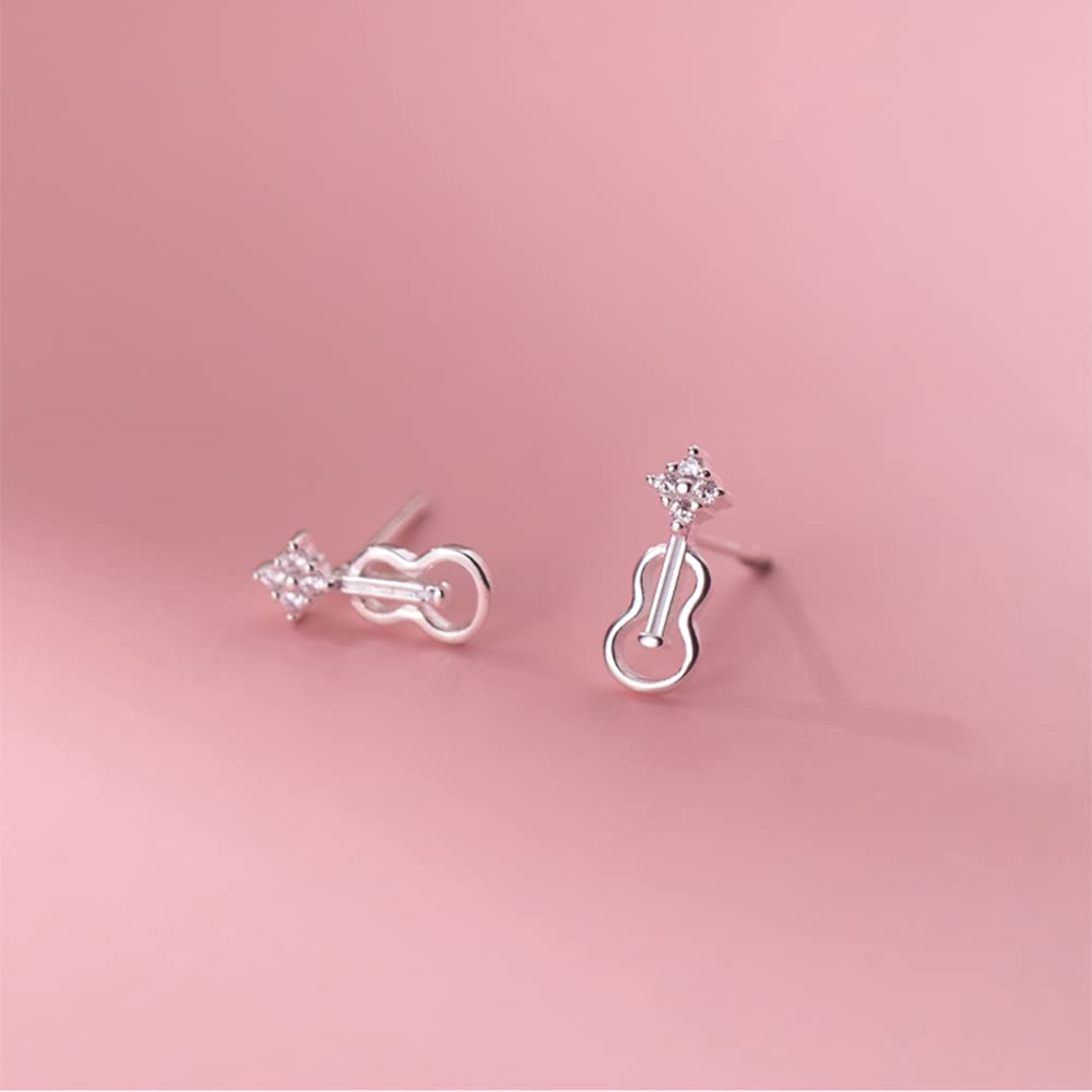 Cute CZ Hollow Violin Tiny Small Stud Earrings for Women Teen Girls Cartilage Tragus Sensitive Ear S925 Sterling Silver Mini Piercing Post Personalized Fashion Jewelry Hypoallergenic Minimalist Gifts