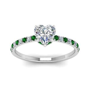 JewelryGift Hidden Halo Petite Diamond Ring 925 Sterling Silver Created Emerald Heart Shape Green Color Halo Engagement Rings Prong Setting in Size 11