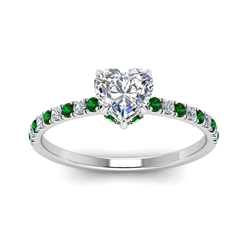 JewelryGift Hidden Halo Petite Diamond Ring 925 Sterling Silver Created Emerald Heart Shape Green Color Halo Engagement Rings Prong Setting in Size 11