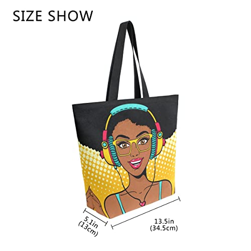 ALAZA African American Woman Music Large Canvas Tote Bag Shopping Shoulder Handbag with Small Zippered Pocket