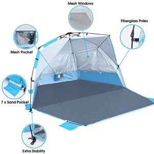 ABCCAMPING Beach Tent Instant Pop up Sun Shade Shelter for 4-6 Person with UV Protection，Extended Floor，3 Mesh Roll Up Windows with Carry Bag, Sandbags, Stakes(Sky Blue)