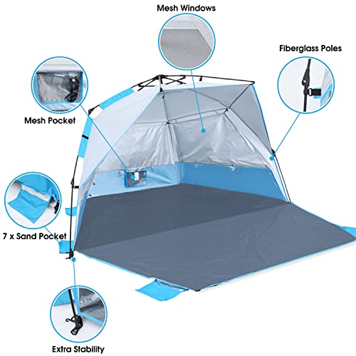 ABCCAMPING Beach Tent Instant Pop up Sun Shade Shelter for 4-6 Person with UV Protection，Extended Floor，3 Mesh Roll Up Windows with Carry Bag, Sandbags, Stakes(Sky Blue)