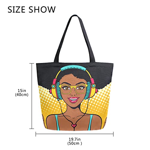 ALAZA African American Woman Music Large Canvas Tote Bag Shopping Shoulder Handbag with Small Zippered Pocket