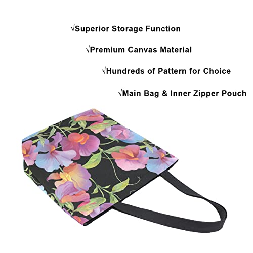 ALAZA Sweet Pea Flower Floral Large Canvas Tote Bag Shopping Shoulder Handbag with Small Zippered Pocket