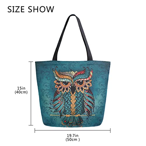 ALAZA Owl Print Boho Ethnic Large Canvas Tote Bag Shopping Shoulder Handbag with Small Zippered Pocket