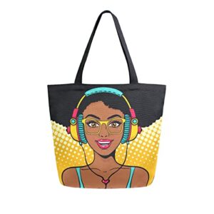 ALAZA African American Woman Music Large Canvas Tote Bag Shopping Shoulder Handbag with Small Zippered Pocket