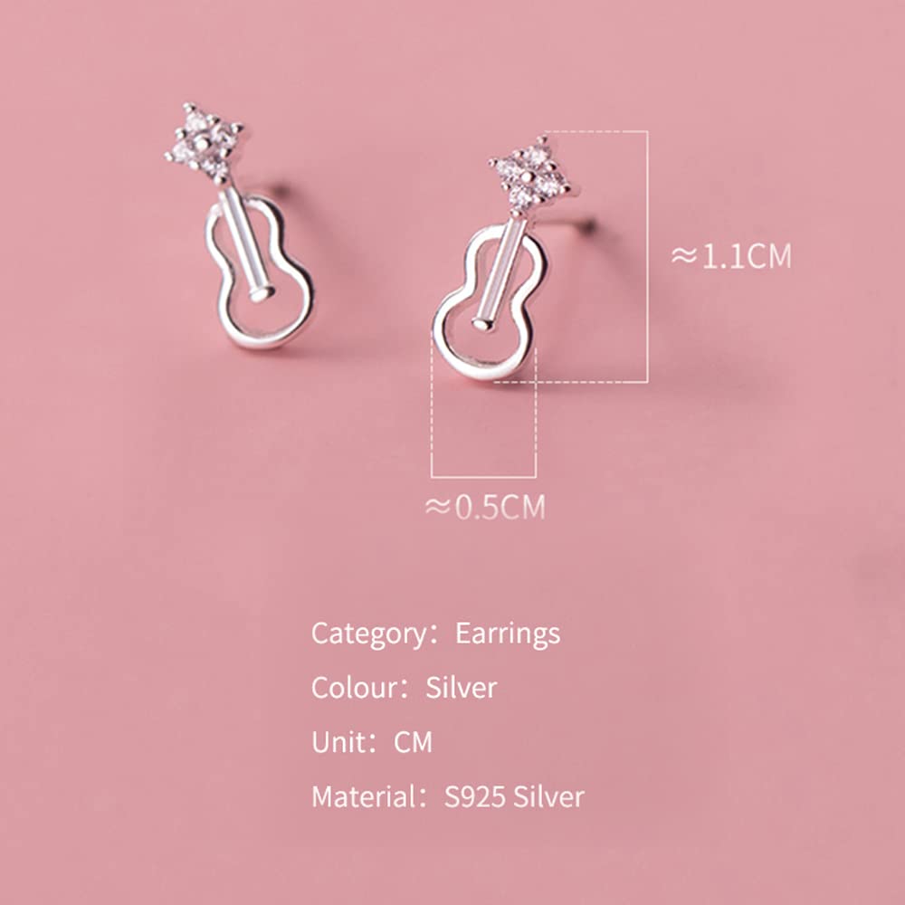 Cute CZ Hollow Violin Tiny Small Stud Earrings for Women Teen Girls Cartilage Tragus Sensitive Ear S925 Sterling Silver Mini Piercing Post Personalized Fashion Jewelry Hypoallergenic Minimalist Gifts