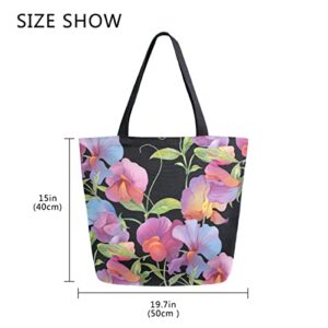 ALAZA Sweet Pea Flower Floral Large Canvas Tote Bag Shopping Shoulder Handbag with Small Zippered Pocket