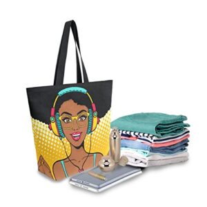 ALAZA African American Woman Music Large Canvas Tote Bag Shopping Shoulder Handbag with Small Zippered Pocket