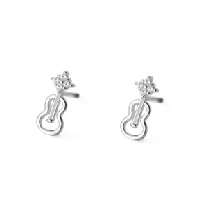 Cute CZ Hollow Violin Tiny Small Stud Earrings for Women Teen Girls Cartilage Tragus Sensitive Ear S925 Sterling Silver Mini Piercing Post Personalized Fashion Jewelry Hypoallergenic Minimalist Gifts