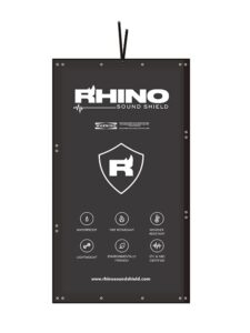 rhino sound shield 95 x 52 inch soundproof blanket, sound absorbing blanket, noise barrier, acoustic sound blanket, application for construction site, outdoor concert, machinery shop