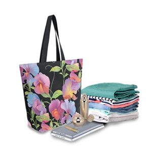 ALAZA Sweet Pea Flower Floral Large Canvas Tote Bag Shopping Shoulder Handbag with Small Zippered Pocket