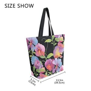 ALAZA Sweet Pea Flower Floral Large Canvas Tote Bag Shopping Shoulder Handbag with Small Zippered Pocket