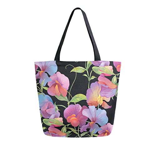 ALAZA Sweet Pea Flower Floral Large Canvas Tote Bag Shopping Shoulder Handbag with Small Zippered Pocket