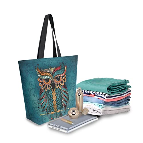 ALAZA Owl Print Boho Ethnic Large Canvas Tote Bag Shopping Shoulder Handbag with Small Zippered Pocket