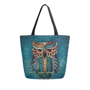 ALAZA Owl Print Boho Ethnic Large Canvas Tote Bag Shopping Shoulder Handbag with Small Zippered Pocket