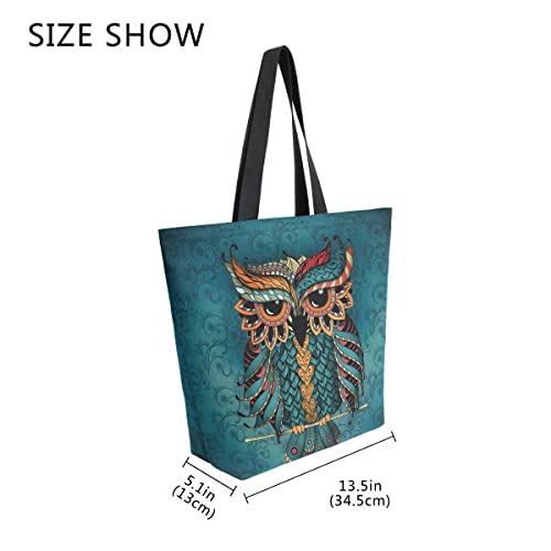 ALAZA Owl Print Boho Ethnic Large Canvas Tote Bag Shopping Shoulder Handbag with Small Zippered Pocket