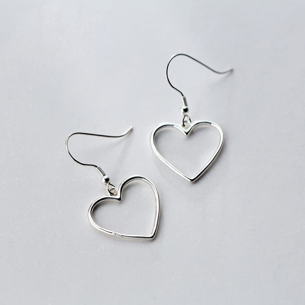 Dainty Minimalist Hollow Heart Love Small S925 Sterling Silver Plated Dangle Drop Earrings for Women Teen Girls Sensitive Ear Cute Heart Hook Dangling Hanging Hypoallergenic Wedding Fashion Jewelry