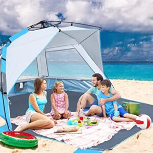 ABCCAMPING Beach Tent Instant Pop up Sun Shade Shelter for 4-6 Person with UV Protection，Extended Floor，3 Mesh Roll Up Windows with Carry Bag, Sandbags, Stakes(Sky Blue)