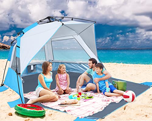 ABCCAMPING Beach Tent Instant Pop up Sun Shade Shelter for 4-6 Person with UV Protection，Extended Floor，3 Mesh Roll Up Windows with Carry Bag, Sandbags, Stakes(Sky Blue)