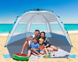 abccamping beach tent instant pop up sun shade shelter for 4-6 person with uv protection，extended floor，3 mesh roll up windows with carry bag, sandbags, stakes(sky blue)