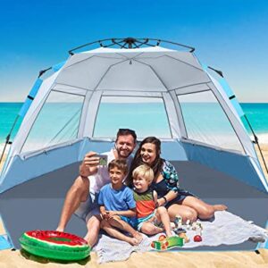 ABCCAMPING Beach Tent Instant Pop up Sun Shade Shelter for 4-6 Person with UV Protection，Extended Floor，3 Mesh Roll Up Windows with Carry Bag, Sandbags, Stakes(Sky Blue)