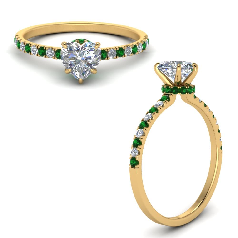 Jewelrygift Hidden Halo Petite Diamond Ring Yellow Gold Plated Created Emerald Heart Shape Green Color Halo Engagement Rings Prong Setting in Size 8 Party Wear Daily Wear Ornament