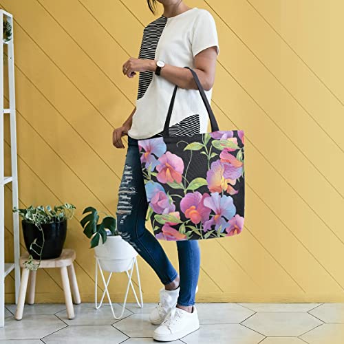 ALAZA Sweet Pea Flower Floral Large Canvas Tote Bag Shopping Shoulder Handbag with Small Zippered Pocket