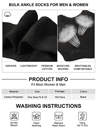 Tarpop 100 Pairs Mens Socks Bulk Moisture Wicking Socks Casual Sports Ankle Socks Bulk for Homeless Unisex Adult Men Women (Black)