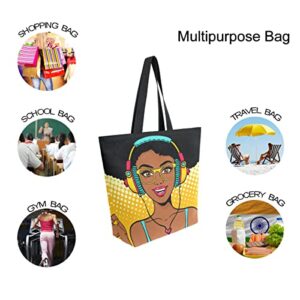 ALAZA African American Woman Music Large Canvas Tote Bag Shopping Shoulder Handbag with Small Zippered Pocket