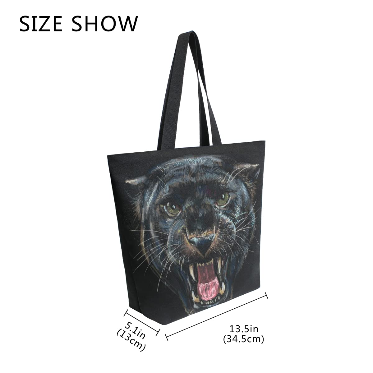 ALAZA Roaring Panther Animal Print Black Large Canvas Tote Bag Shopping Shoulder Handbag with Small Zippered Pocket